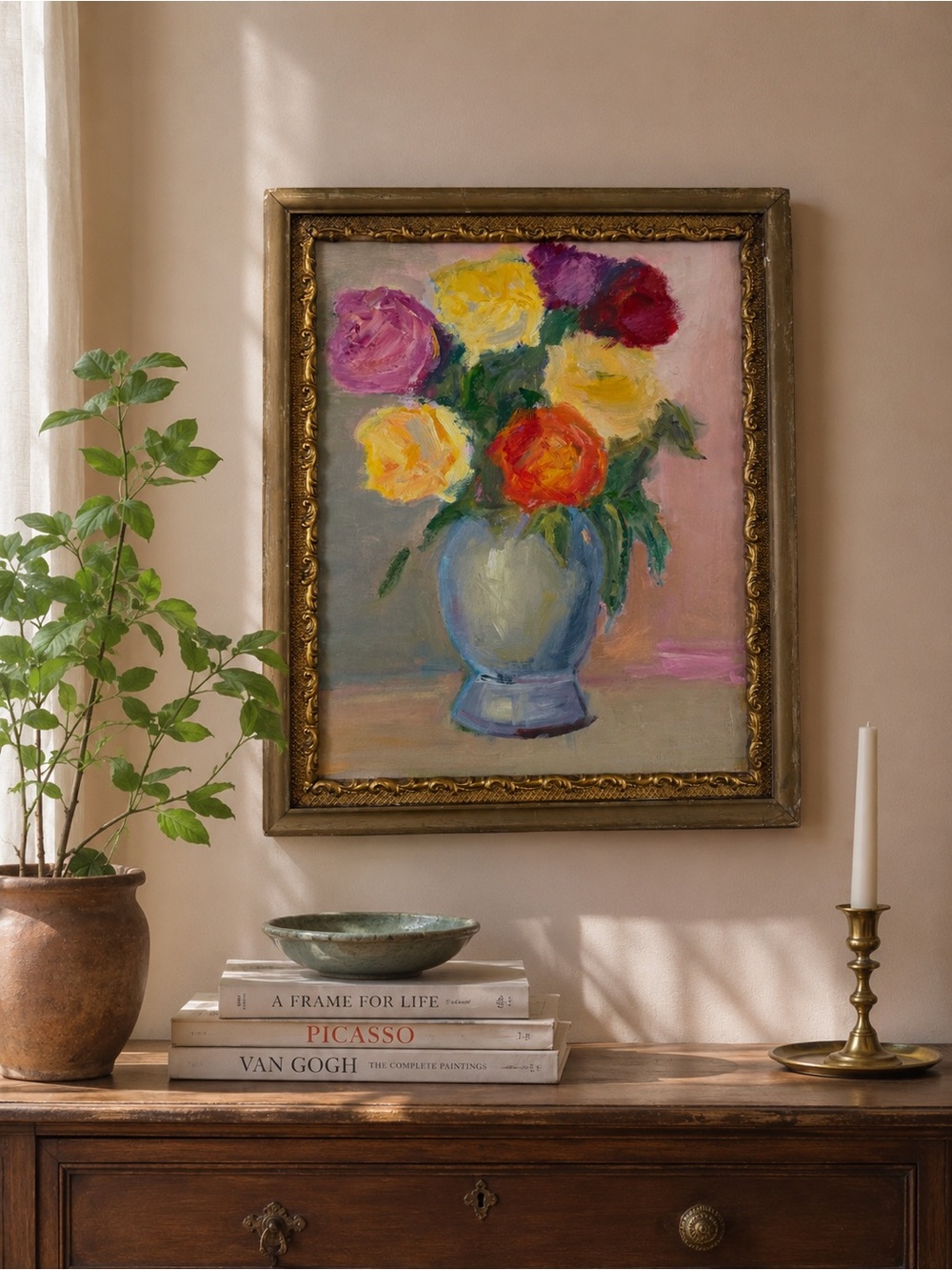 Framed Floral Oil Painting - Colorful Bouquet in Vase